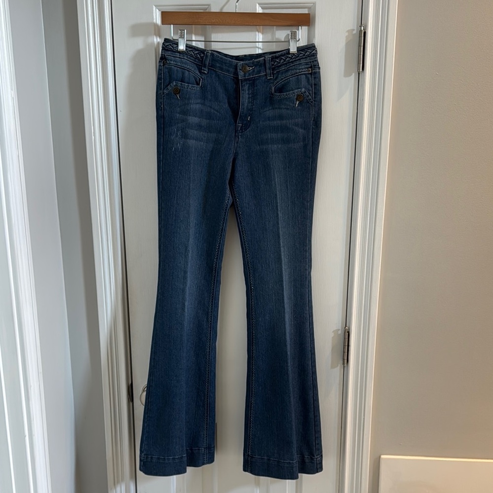 NWT Caché Vintage Flared Jeans w/ Braided Denim Waistband & Unique Stitching